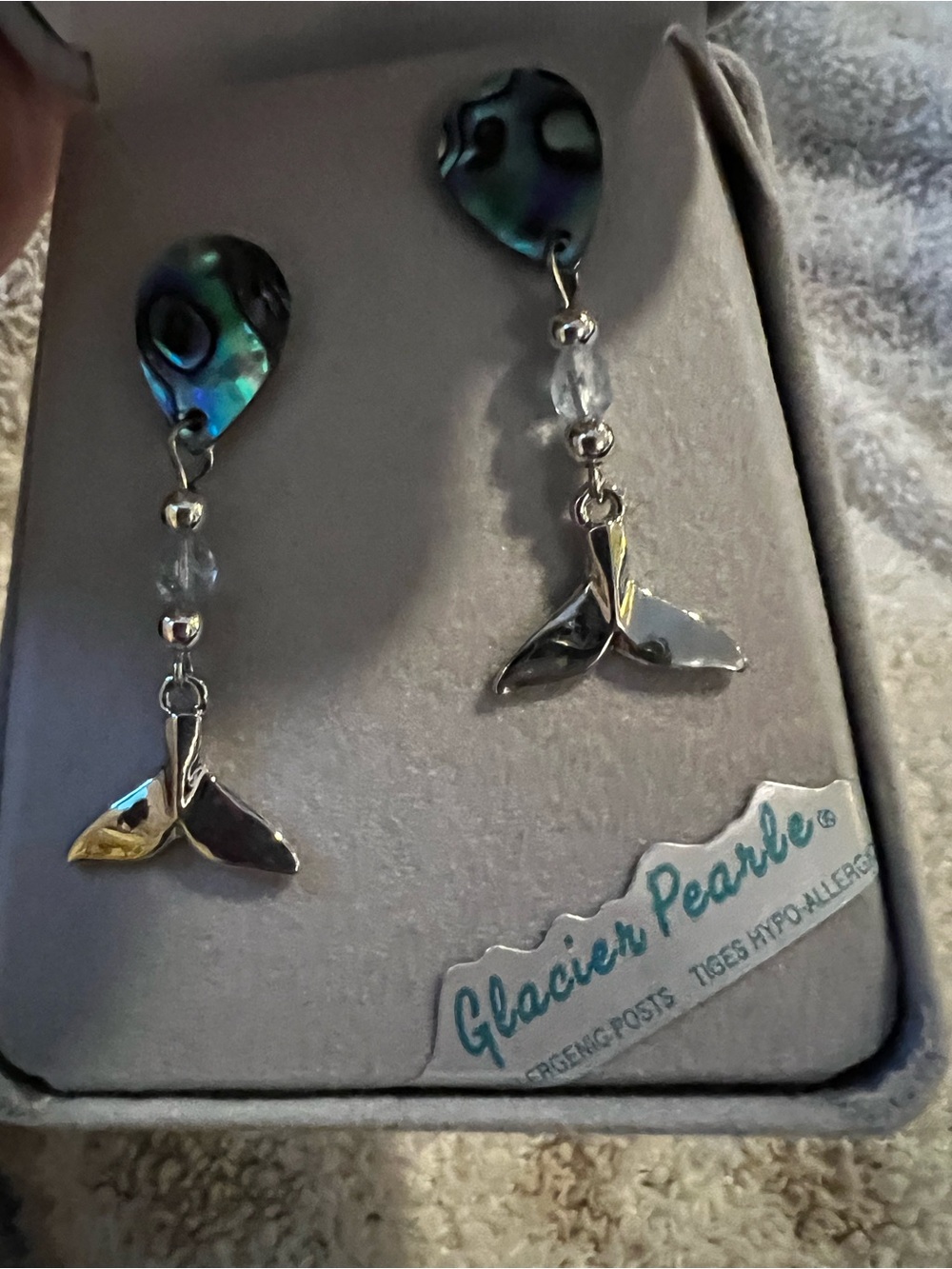 Wild Pearl Abalone Teardrop Dangle Earrings with Silver Whale Tail Charms